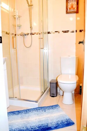 Shower, hair dryer, towels, soap