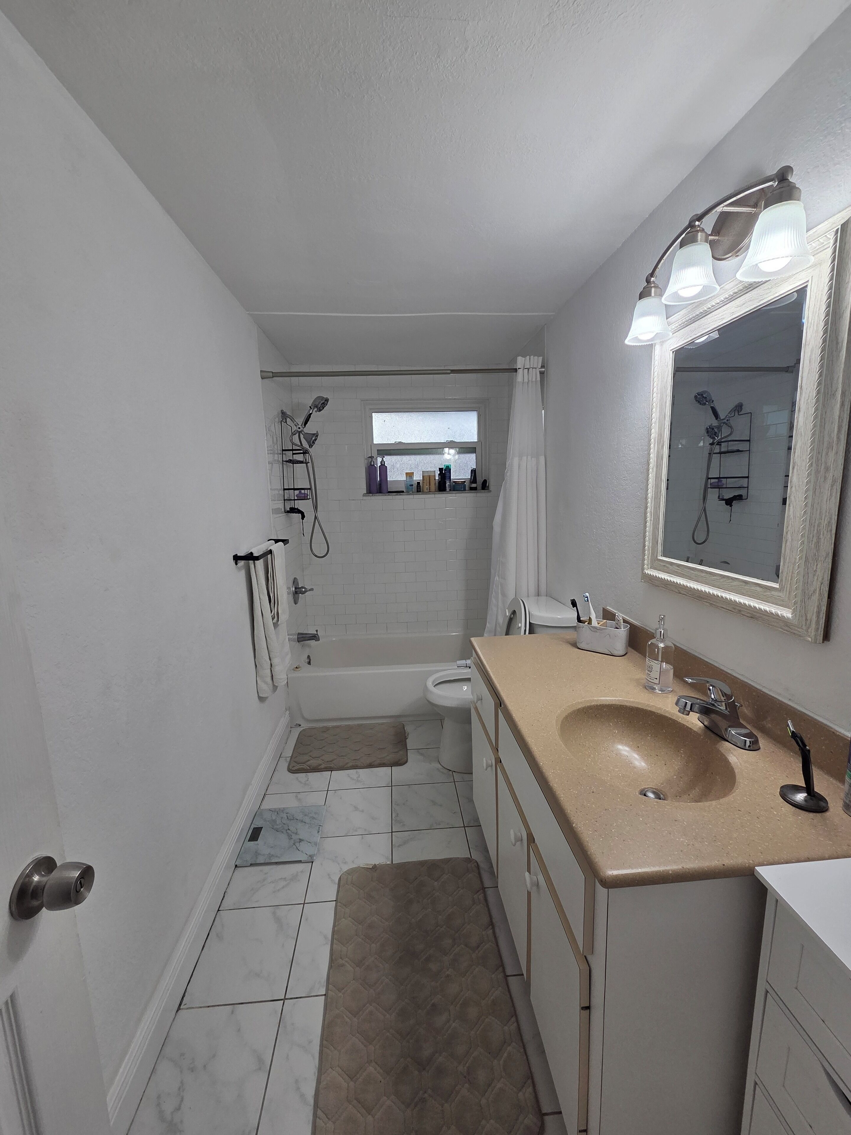 Hair dryer, towels, soap, toilet paper