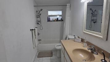 Hair dryer, towels, soap, toilet paper