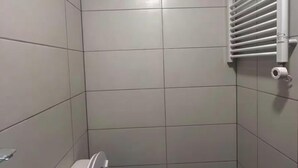 Un baño pequeño y moderno con inodoro, radiador de pared y paredes de azulejos.