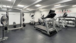 A gym with treadmills, weight machines, and a fan. - Mt Green 2-e06 (Killington)