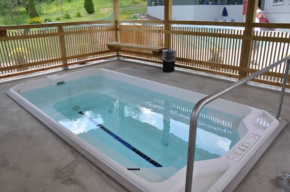 Ein Schwimmbecken im Freien mit Holzterrasse und Metallleiter.