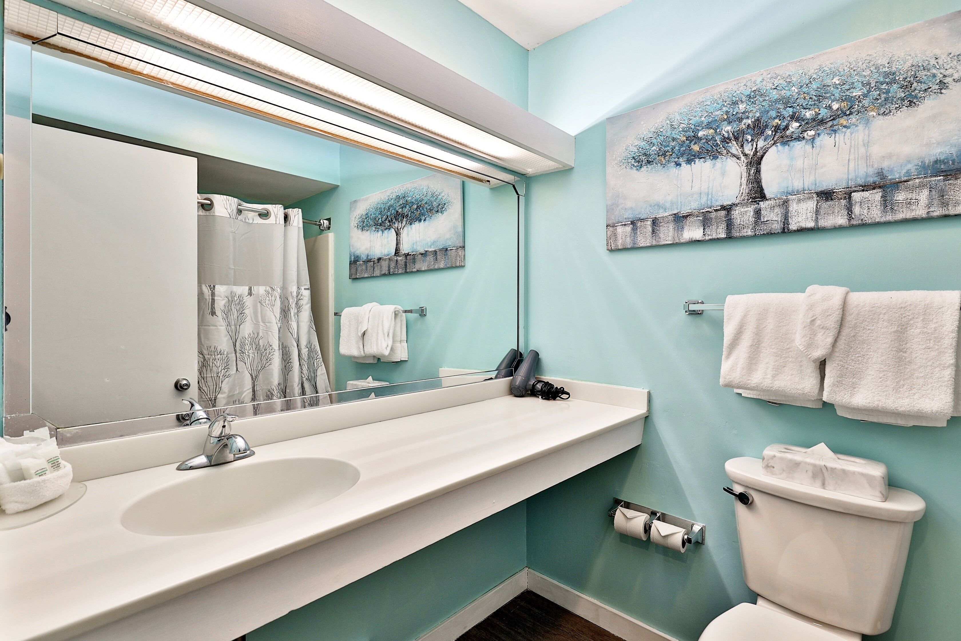 Une salle de bain avec un lavabo blanc, un miroir, des toilettes et deux tableaux accrochés au mur.