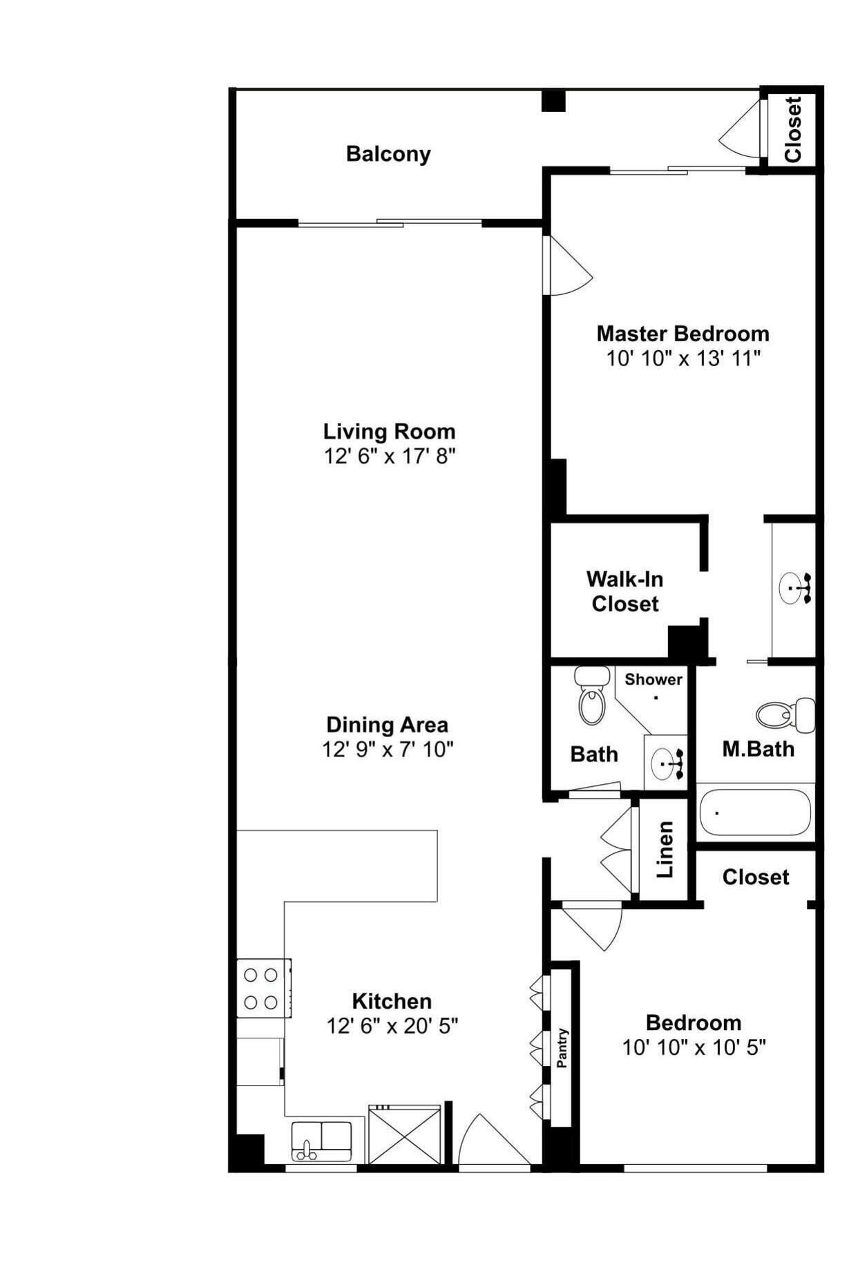 A floor plan of a house with a balcony, living room, dining area, kitchen, master bedroom, walk-in closet, bathroom, and a smaller bedroom.