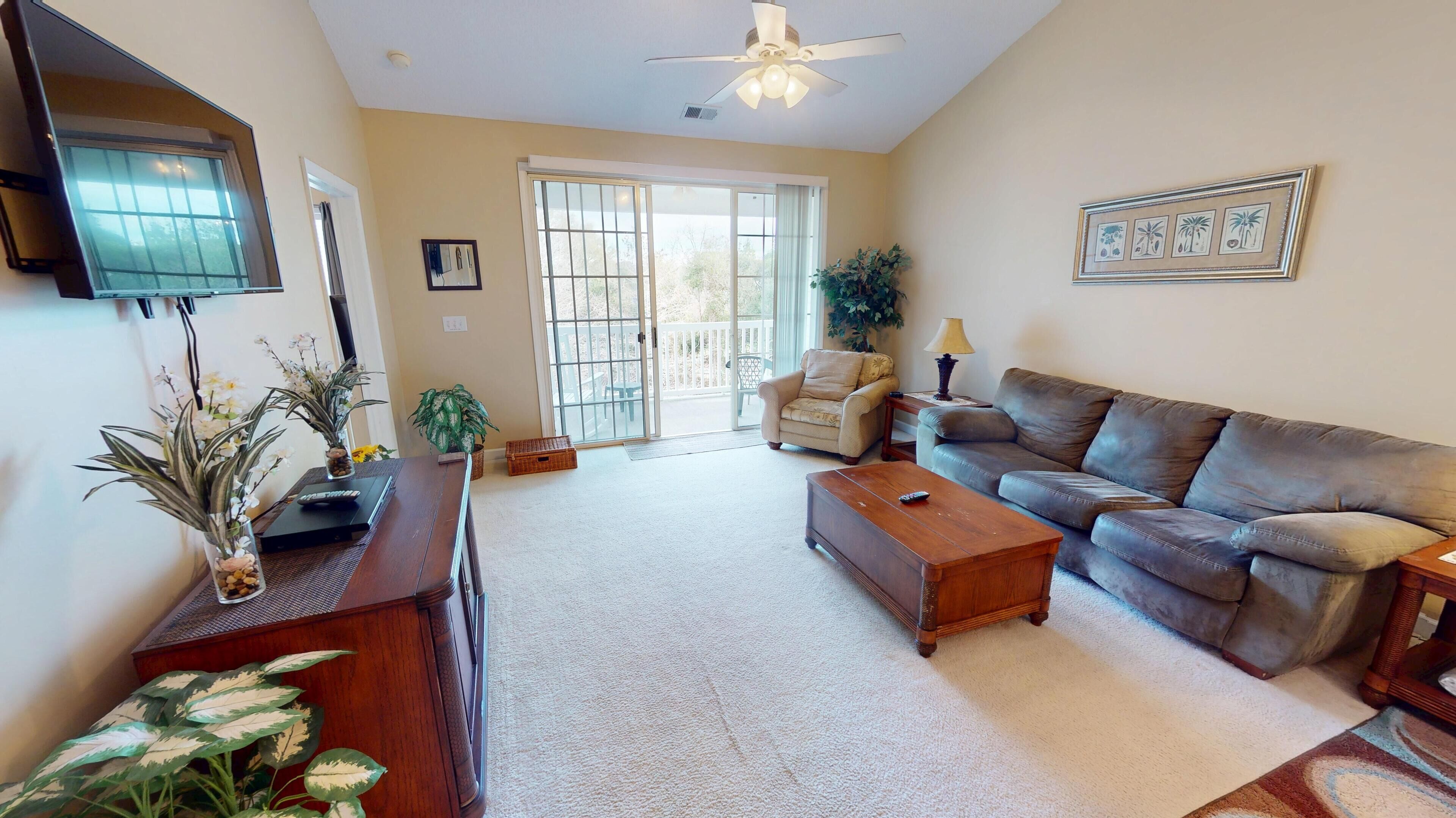 A living room with a sofa, coffee table, TV, and potted plants.