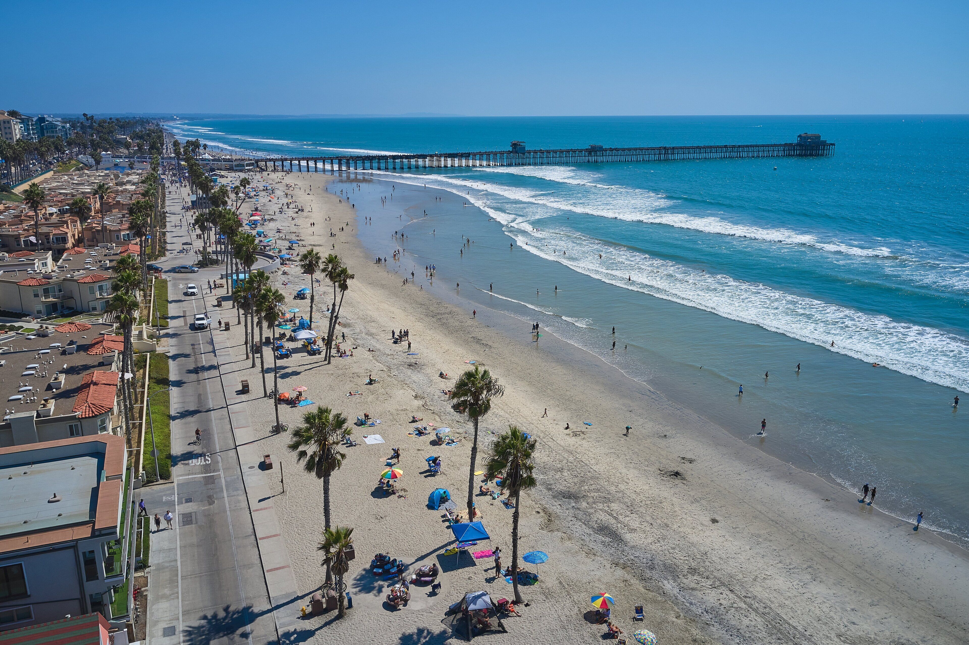 A beach with a long pier extending into the ocean, palm trees lining the shore, and people enjoying the beach.