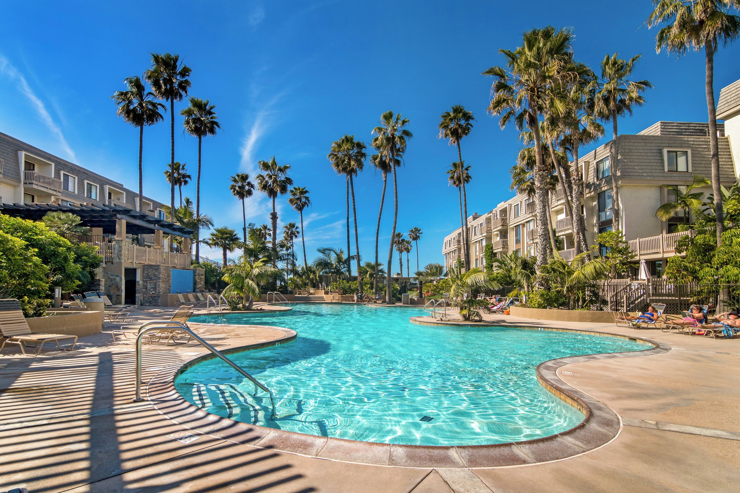 A resort pool area with palm trees, lounge chairs, and a clear blue sky.