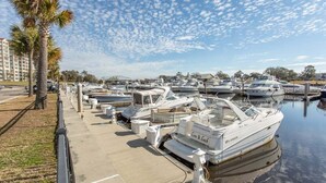 A marina with several boats docked, a clear sky, and a few palm trees. - Yacht Club 1-1103 (North Myrtle Beach)