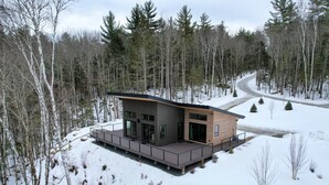 A modern house with a flat roof, large windows, and a deck, surrounded by a snowy forest. - 1B Birch House (Bethlehem)