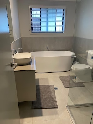 Shower, hair dryer, towels, soap