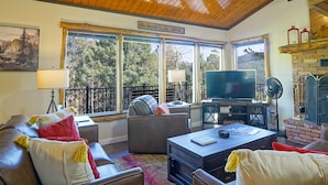A cozy living room with a wooden ceiling, a fireplace, a TV, and comfortable seating. - 181 Horseshoe (Divide)