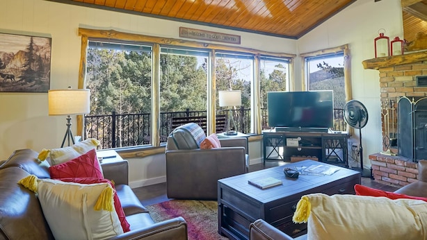 A cozy living room with a TV, leather sofas, and a fireplace. - 181 Horseshoe (Divide)