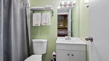 A bathroom with a toilet, sink, and shower curtain.