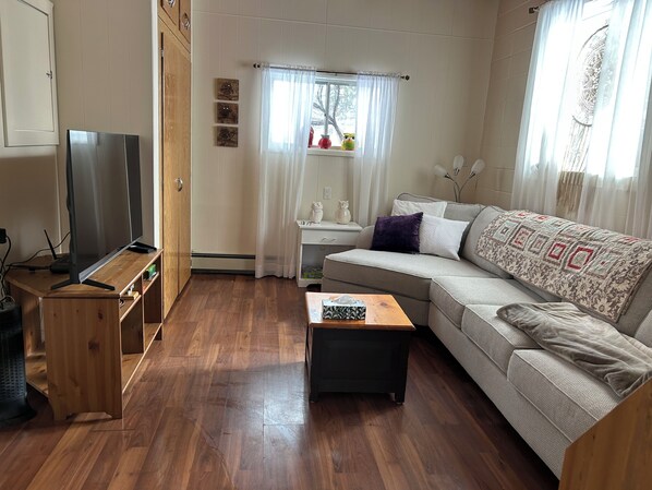 Un salon doté d’un plancher en bois, d’un canapé gris, d’une table basse, d’un téléviseur posé sur un meuble en bois et d’une fenêtre ornée de rideaux légers.