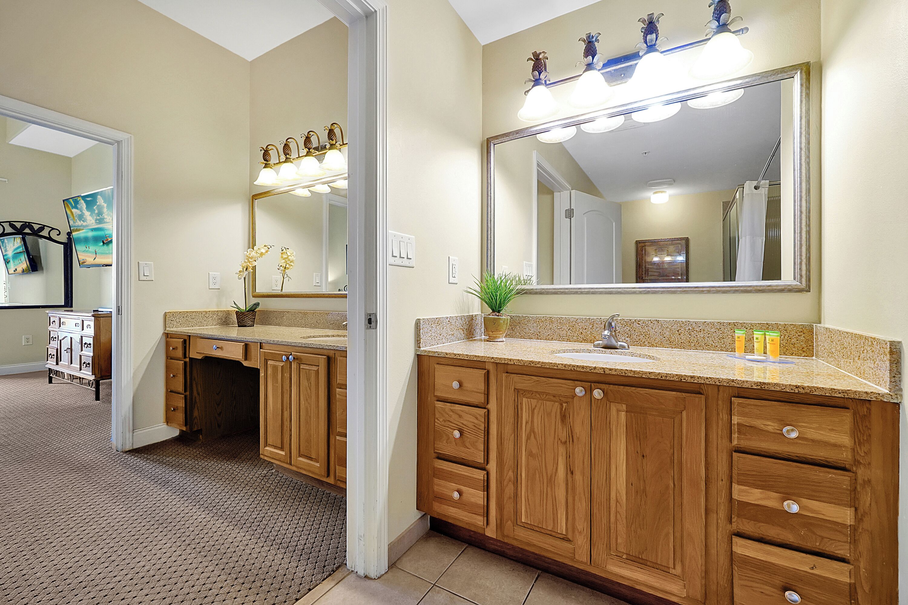 A bathroom with wooden cabinets, a sink, and a large mirror. There are lights above the mirror and a plant on the counter.