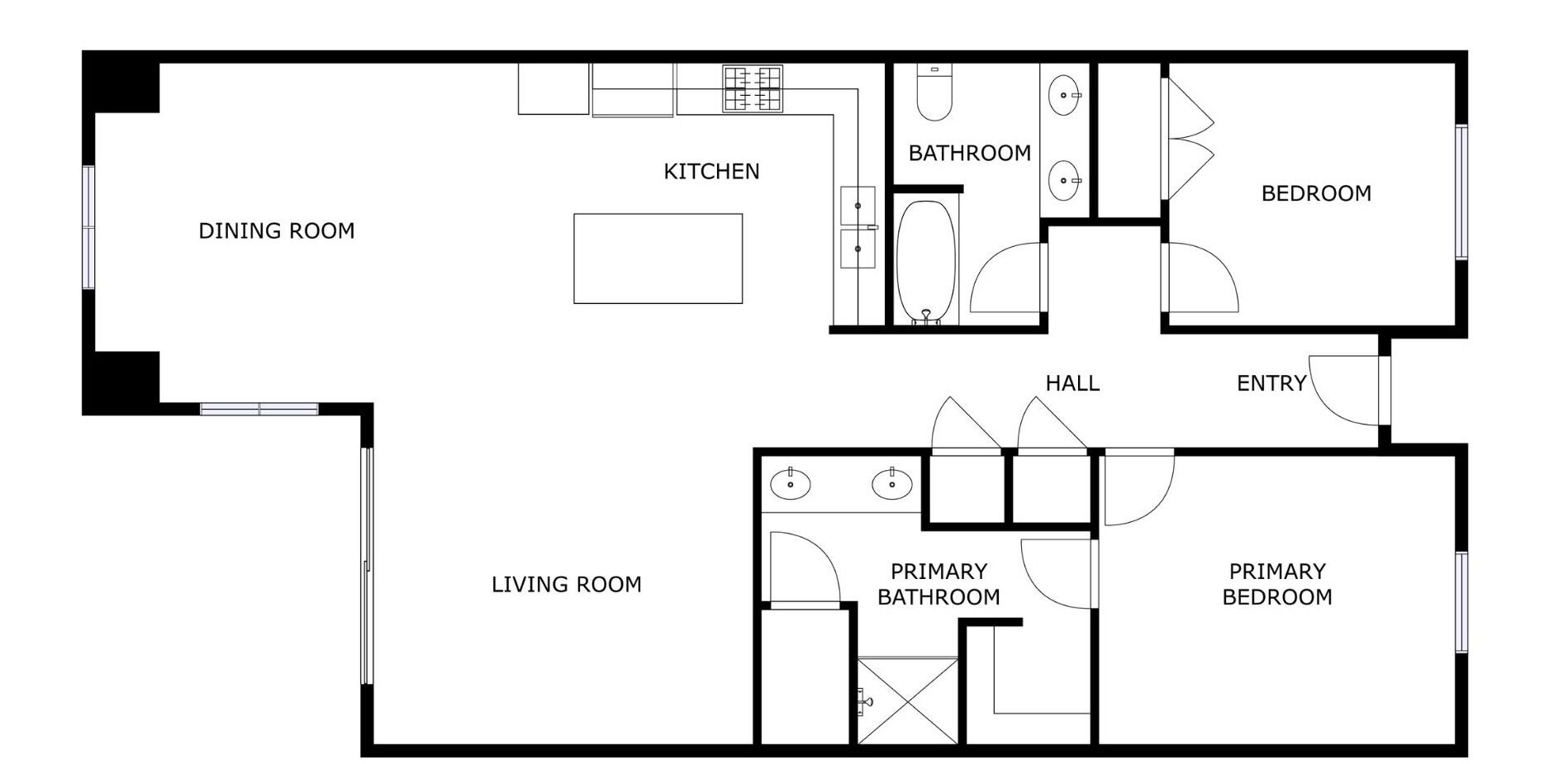 Pianta degli ambienti di una casa che include una sala da pranzo, cucina, soggiorno, due camere da letto, un bagno, un disimpegno e un ingresso.