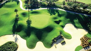 A golf course with sand bunkers, palm trees, and a well-maintained green. - Os404y Homestead Foxglove (Kissimmee)
