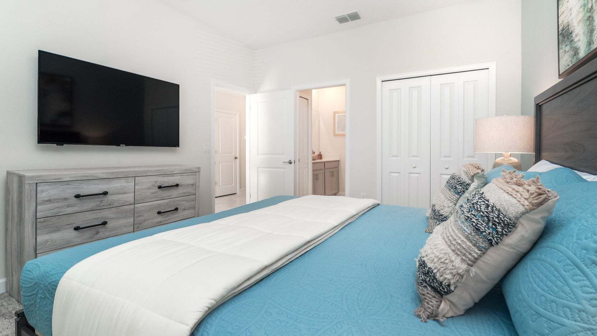 A bedroom with a bed, a TV, a dresser, and a closet.