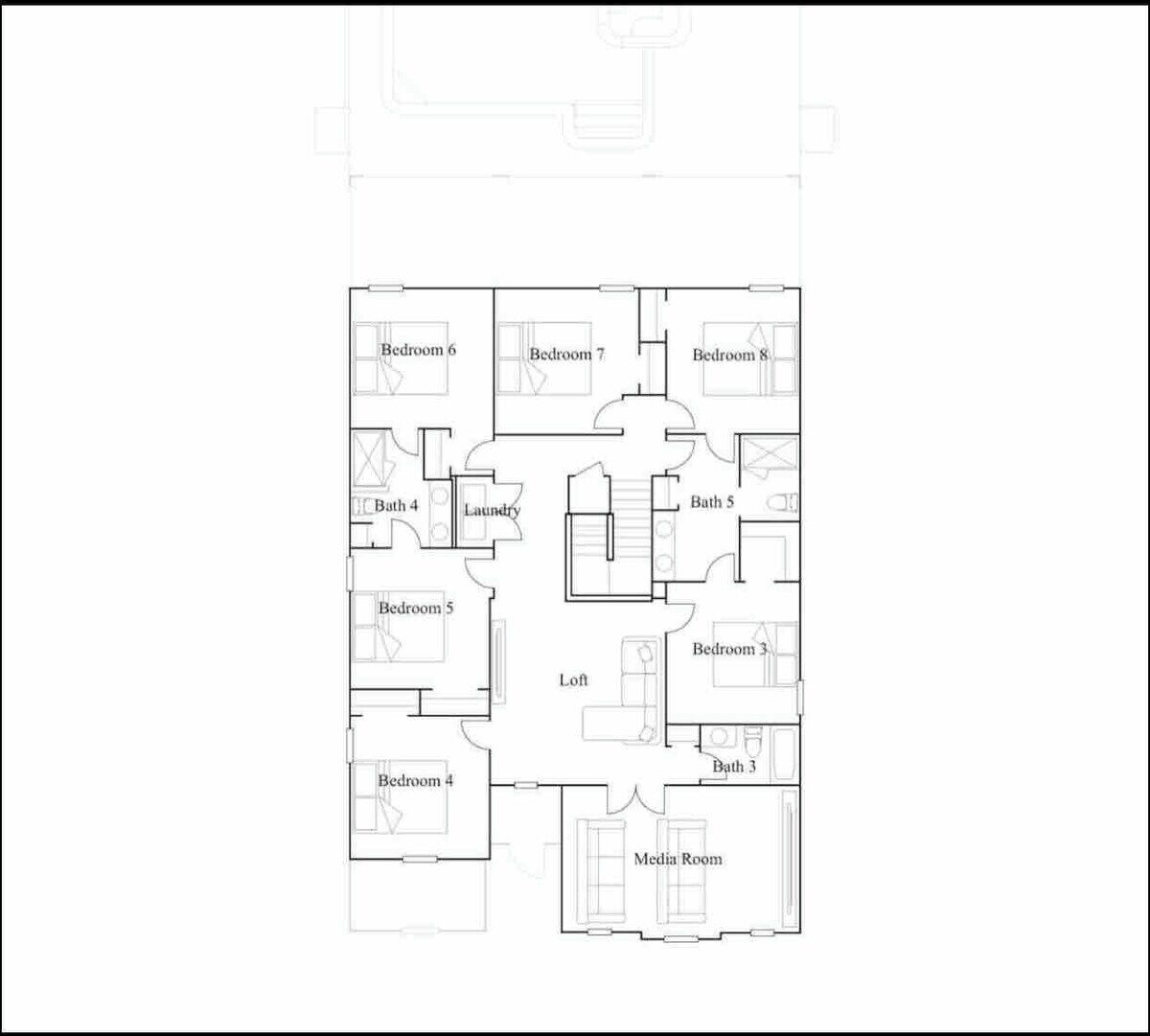 A floor plan of a hotel with 8 bedrooms, 4 bathrooms, a laundry room, a loft, and a media room.