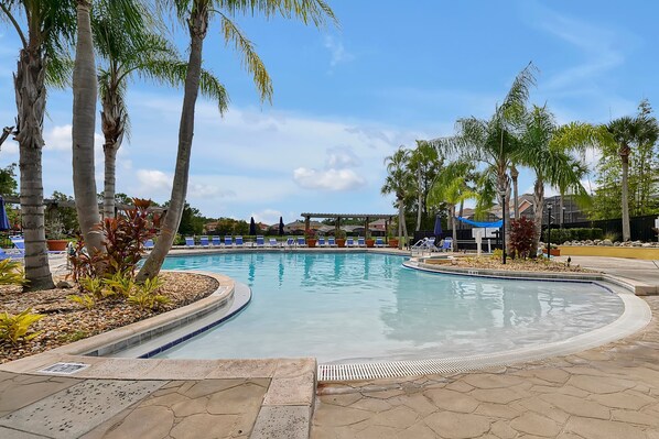 Piscina com palmeiras e espreguiçadeiras.