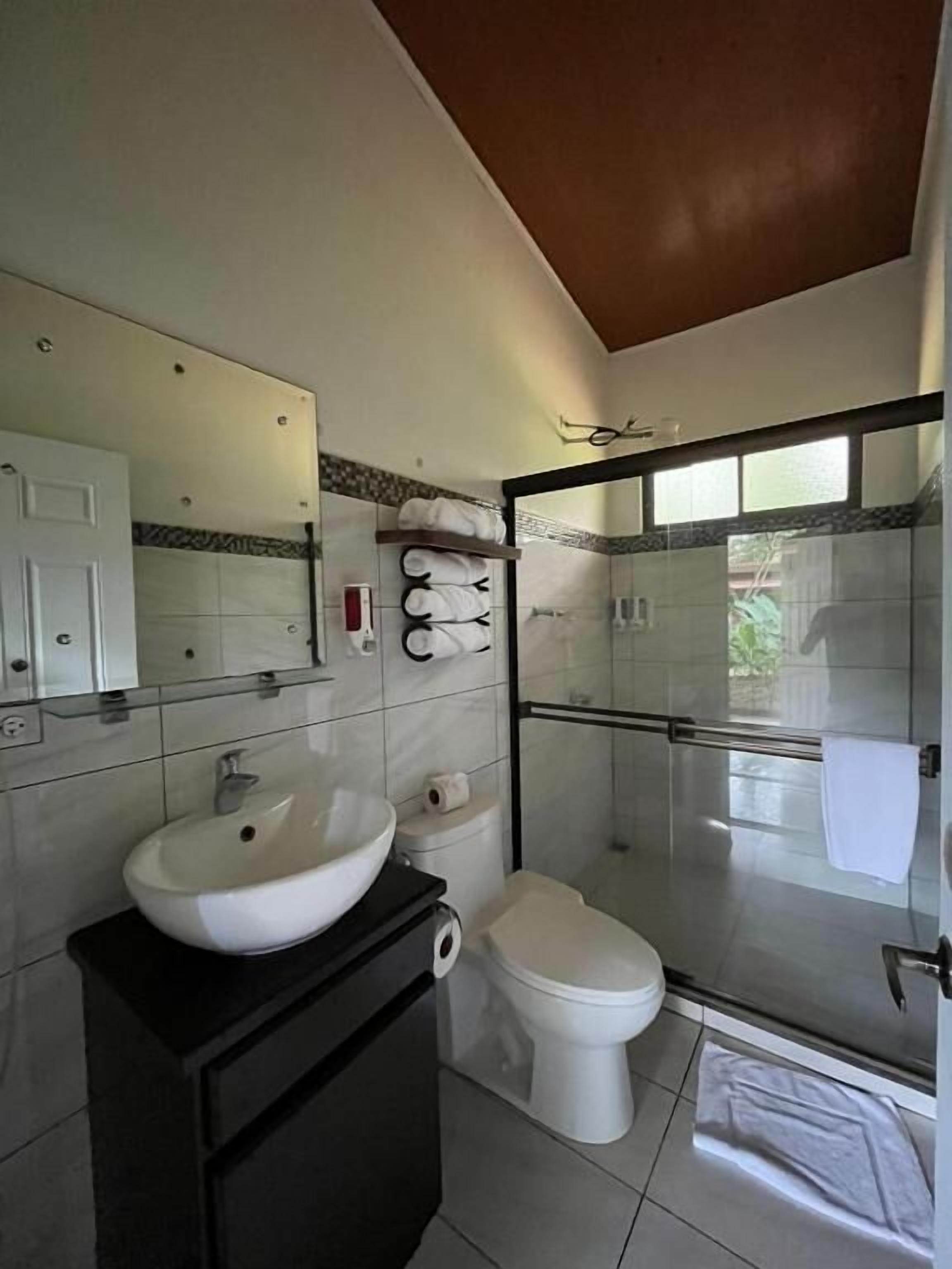 Shower, towels, soap, shampoo