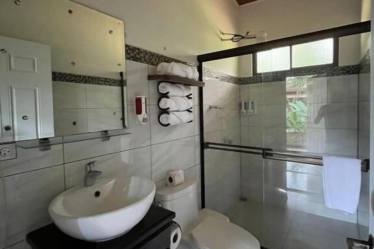 Shower, towels, soap, shampoo