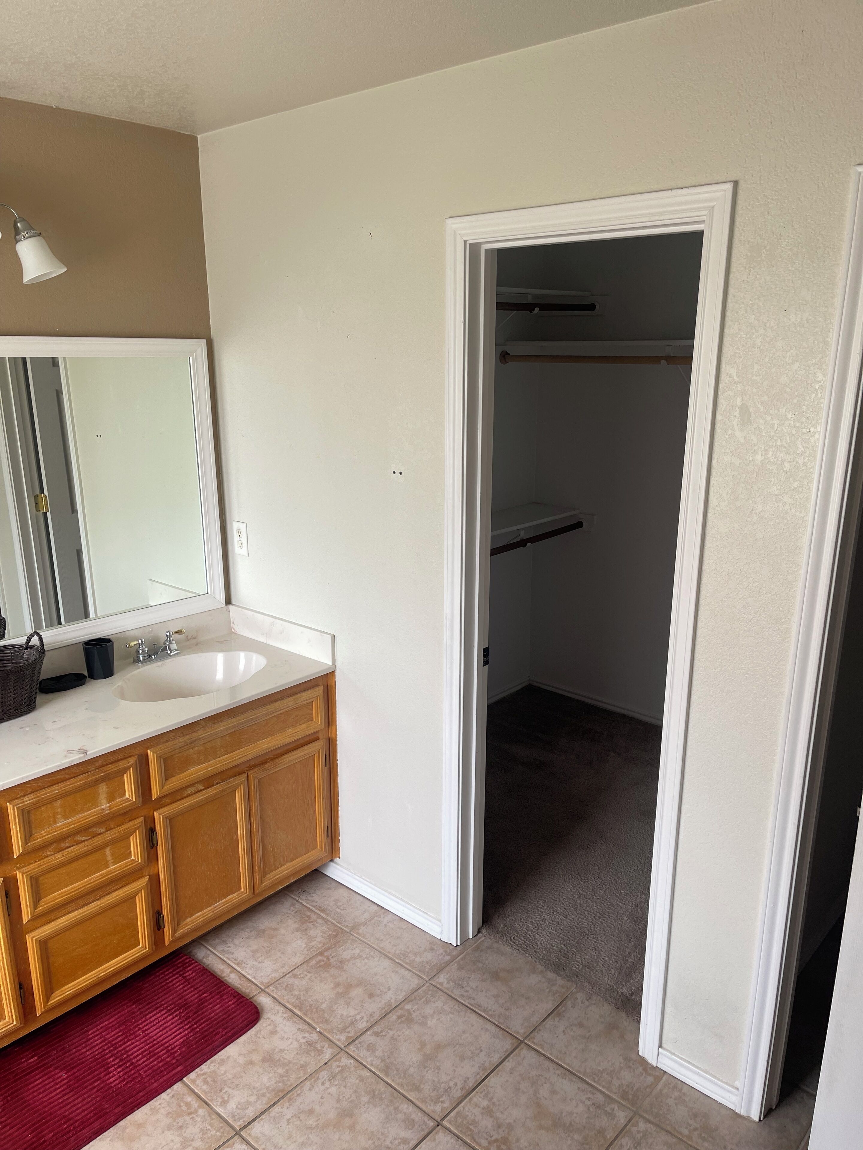 A bathroom with a double sink vanity, a mirror, and a walk-in closet.
