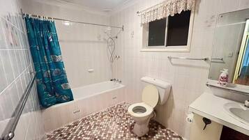 Hair dryer, towels, toilet paper