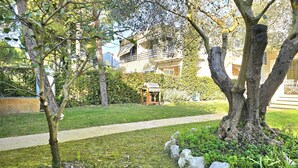 Un jardín con un sendero, una estructura de madera y un árbol grande.