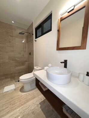 Regadera, secadora de cabello, toallas, papel de baño 