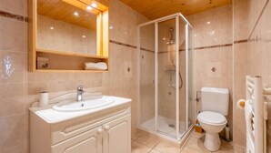 A bathroom with a sink, mirror, shower, toilet, and towel rack. - Bleriot T : demi-chalet au pied des pistes (LE GRAND BORNAND)