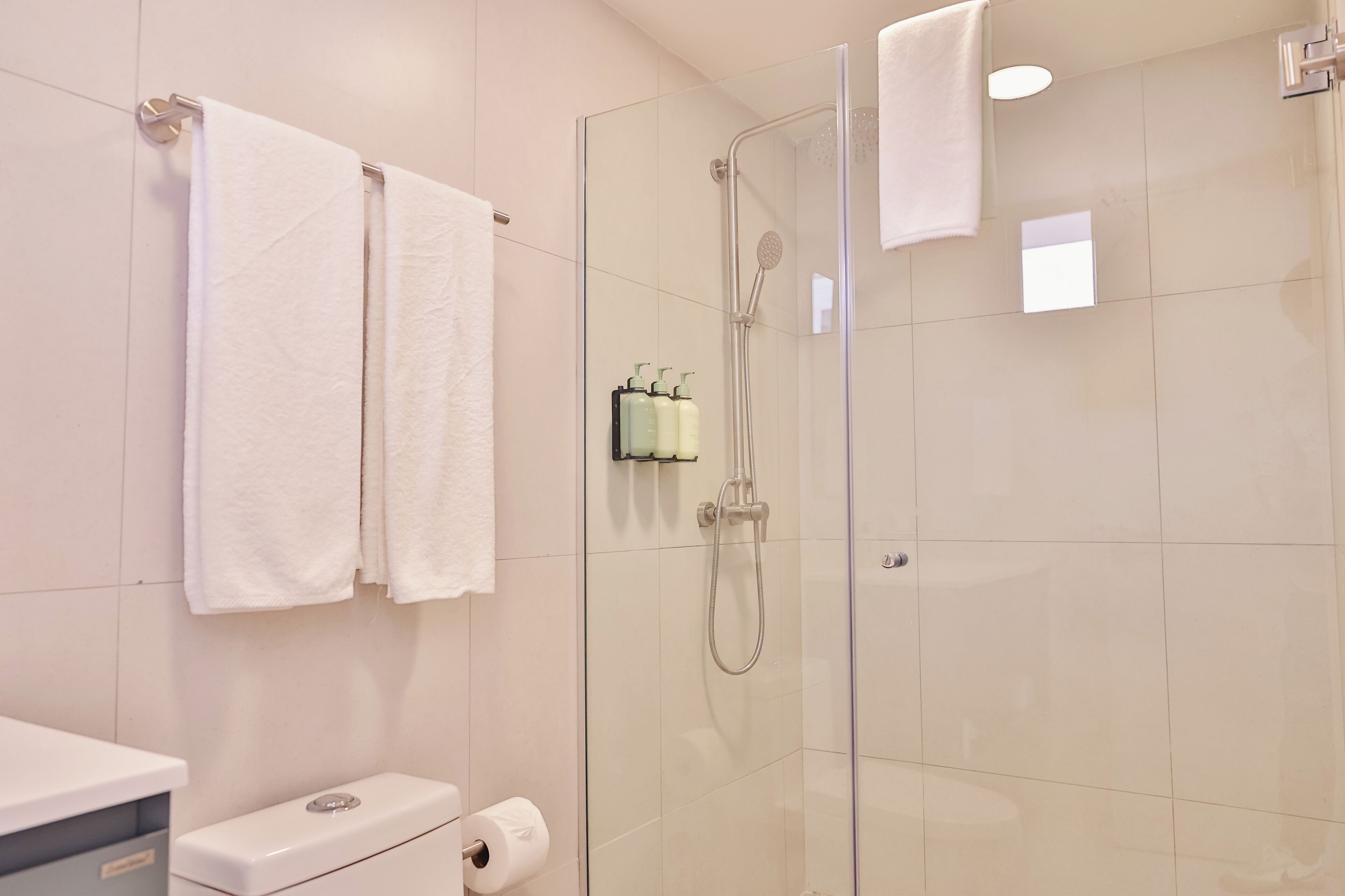 Douche, sèche-cheveux, serviettes fournies, shampoing