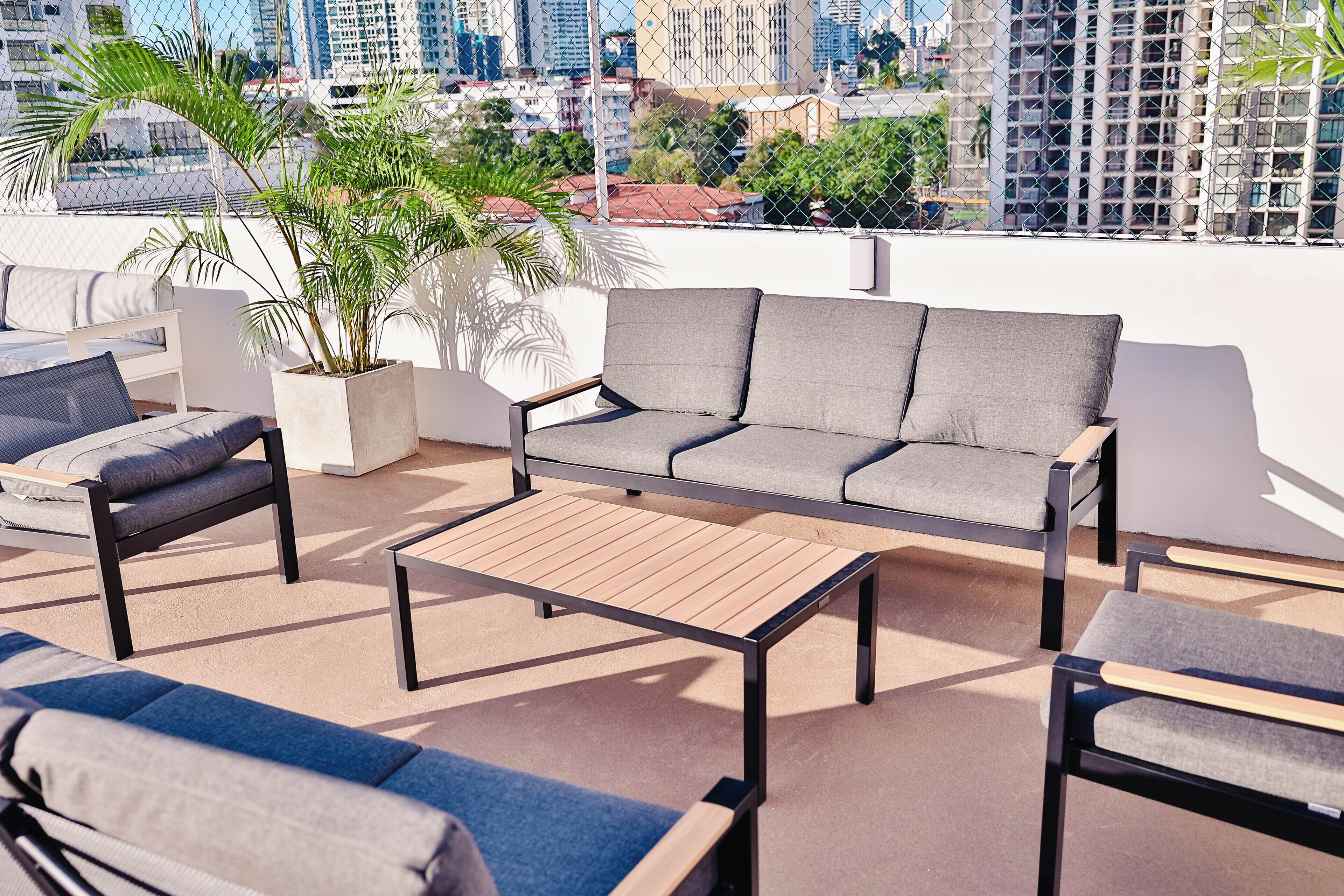 A rooftop terrace with a sofa set, a coffee table, and a potted plant.