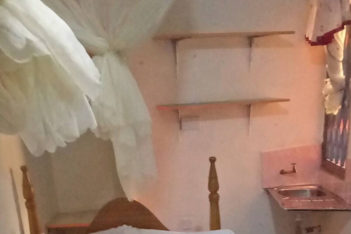 A bed with a canopy, a bedside table, and a small sink.