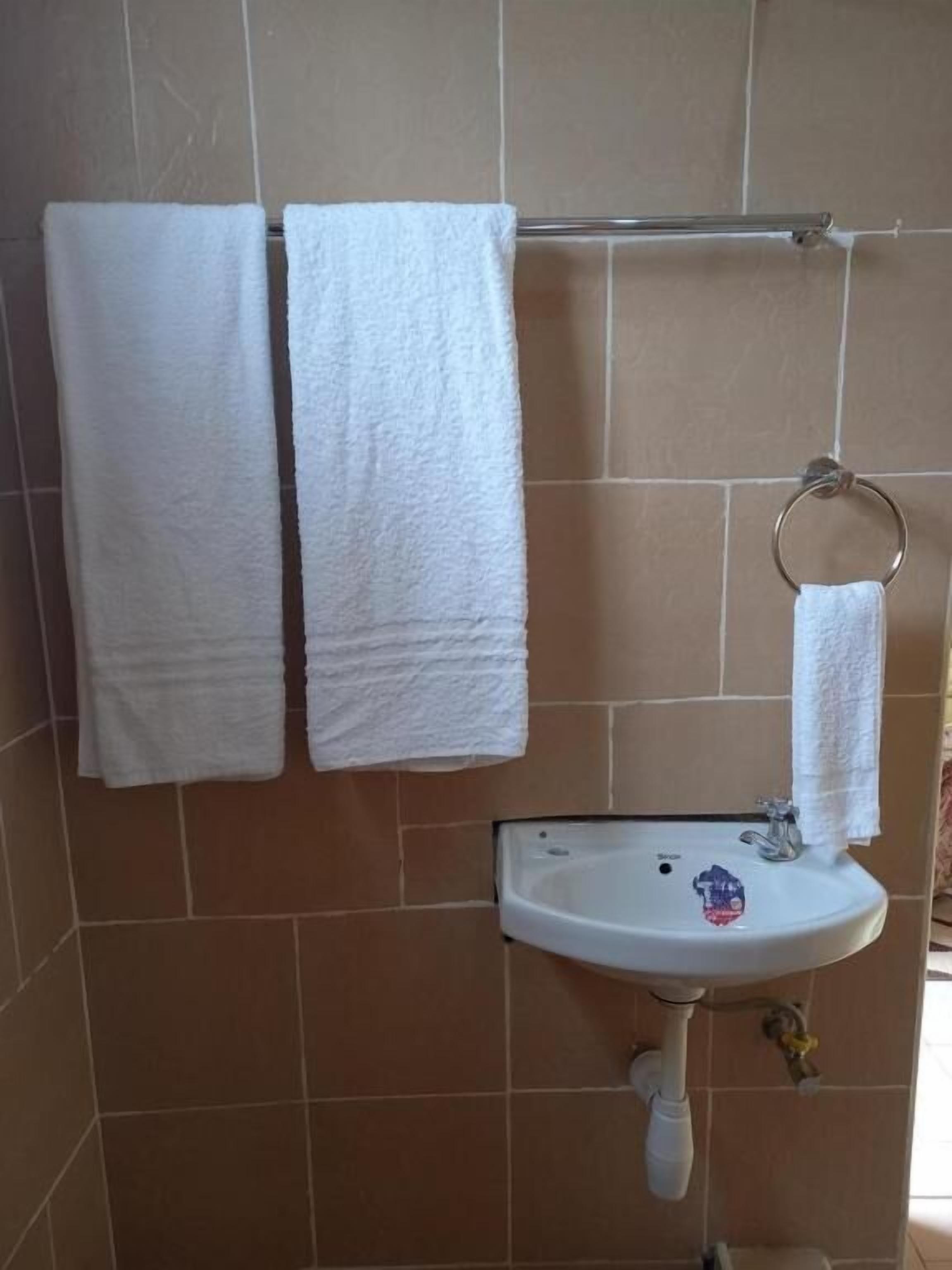 A bathroom with two white towels hanging on a rack, a sink with a single towel ring, and brown tiled walls.