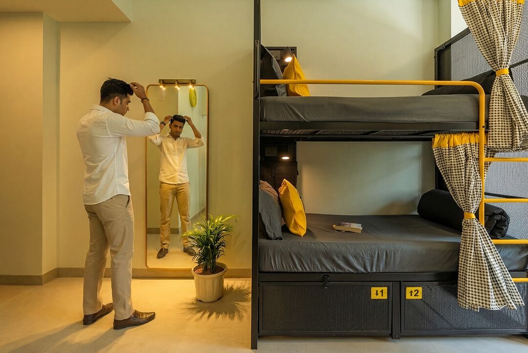 A bunk bed with a mirror and a potted plant.