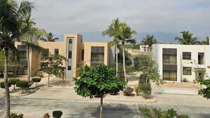 Un edificio moderno con techo plano, rodeado de palmeras y un césped cuidado.