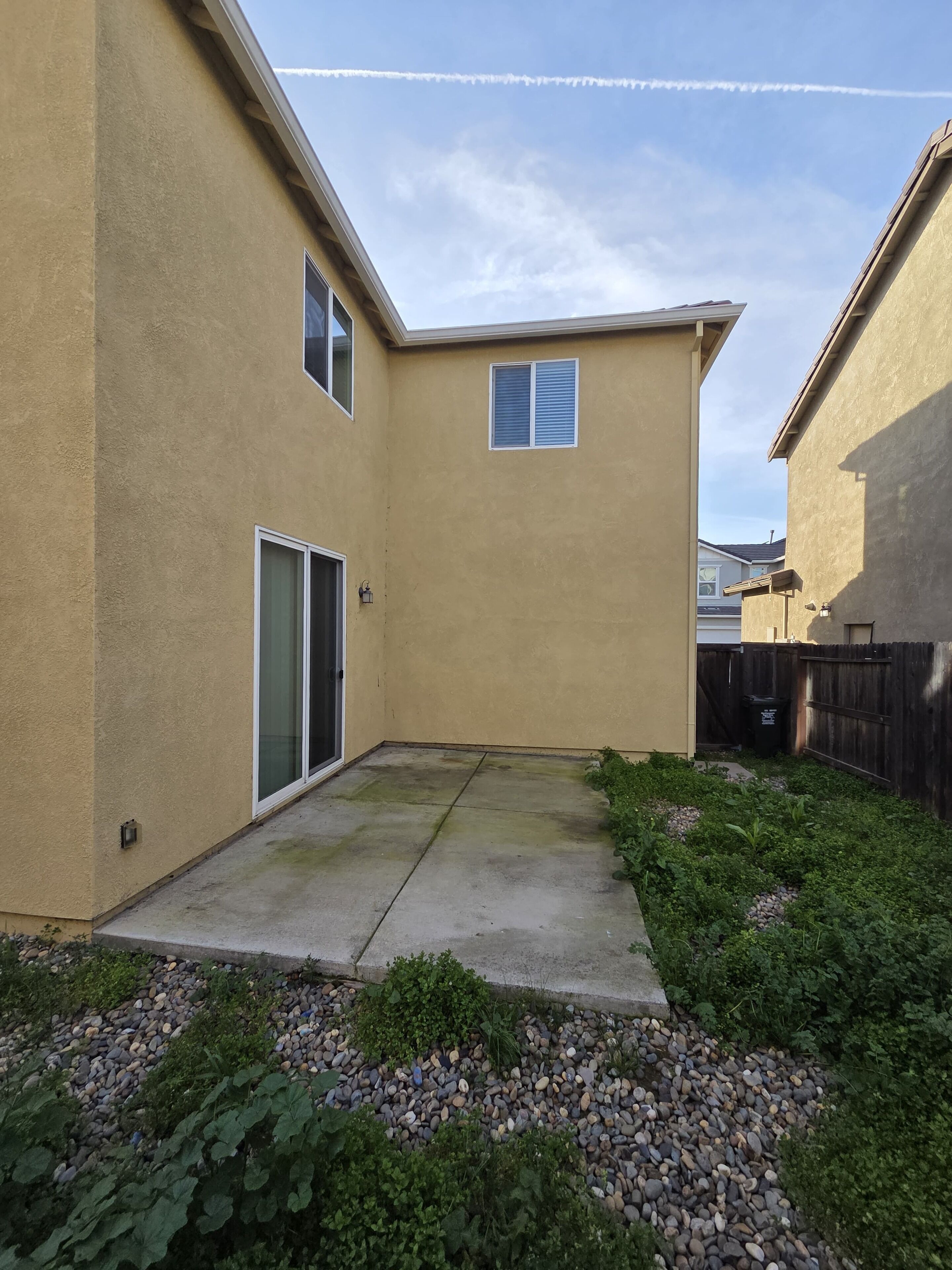 A residential backyard with a concrete patio, a wooden fence, and a variety of plants.