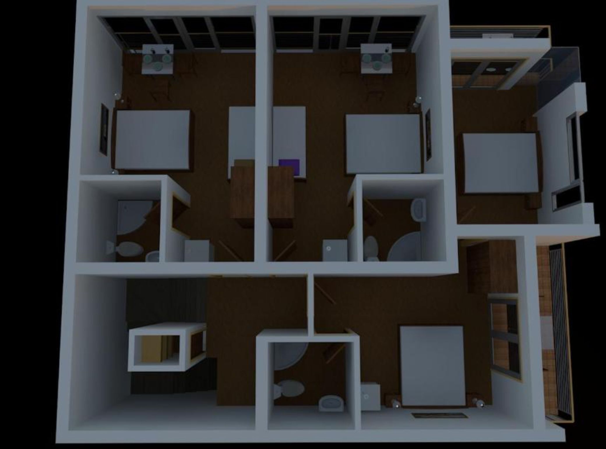 Un plan d’étage en 3D d’un appartement moderne comprenant un espace de vie central, deux chambres, une salle de bain et une cuisine.