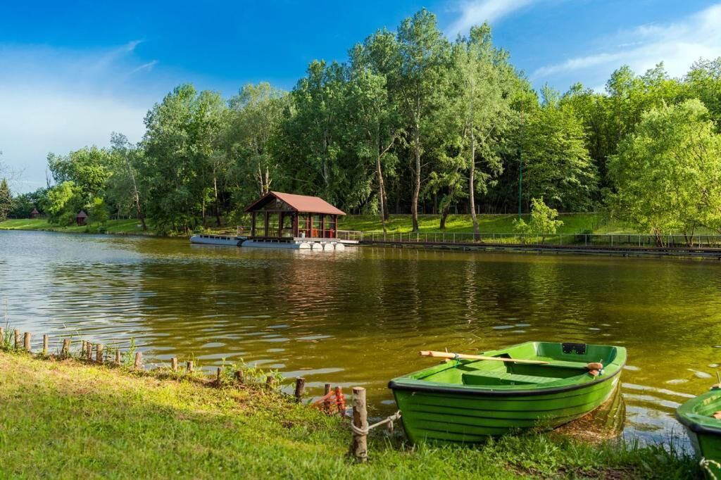 Una escena tranquila junto al lago con un pequeño pabellón de madera y un bote verde.