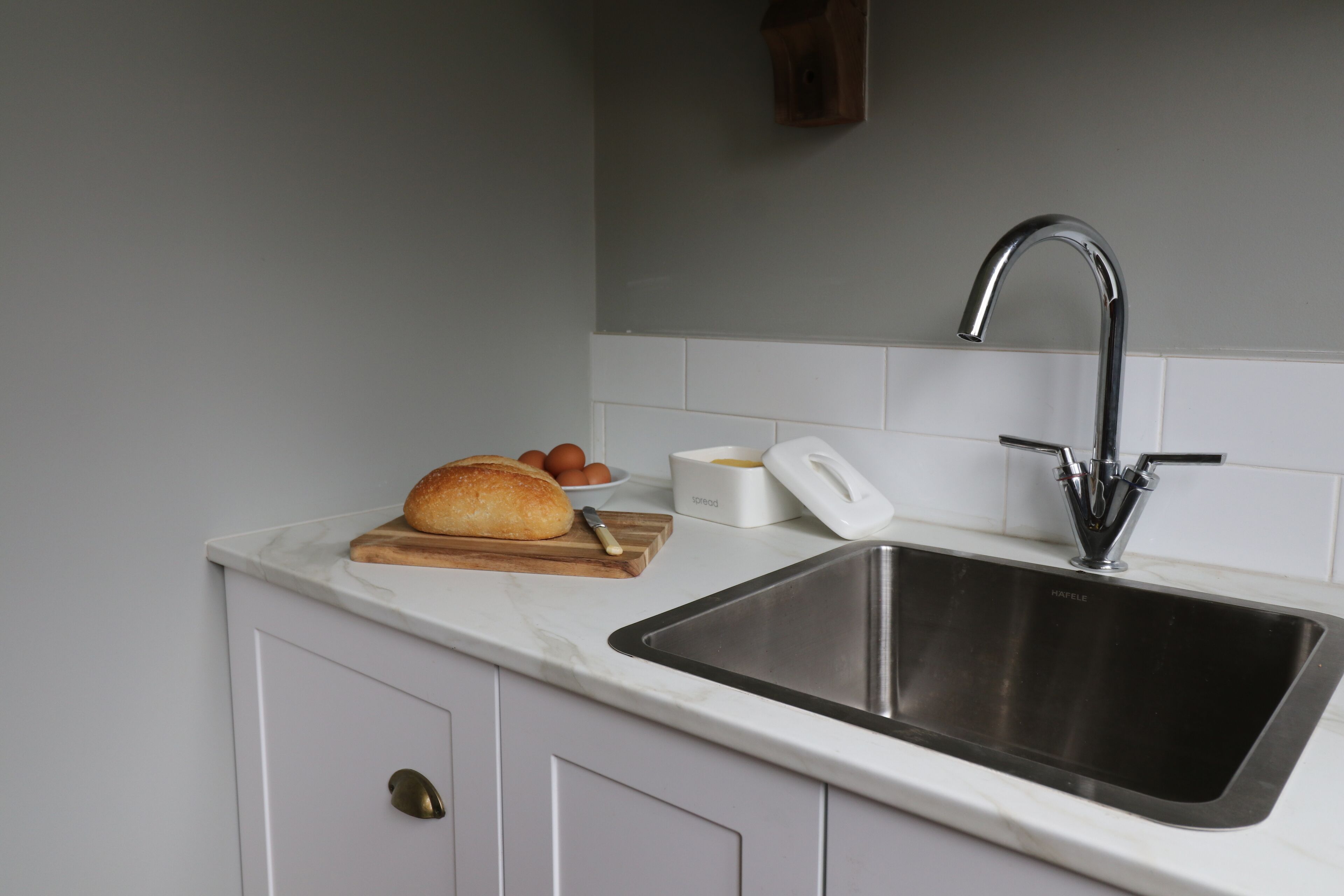 Fridge, microwave, electric kettle, toaster