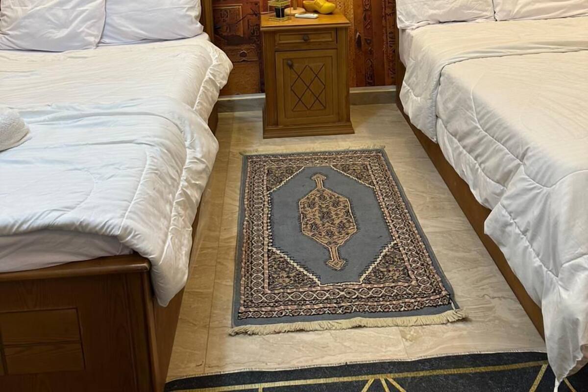 A room with two beds, a nightstand with a lamp, a patterned rug, and Egyptian-themed wall decorations.