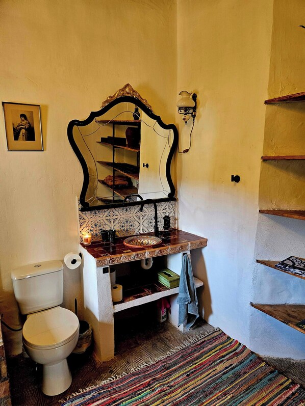 Un baño con inodoro, lavamanos con un espejo decorativo, toallero, alfombra estampada y salpicadero de azulejos.