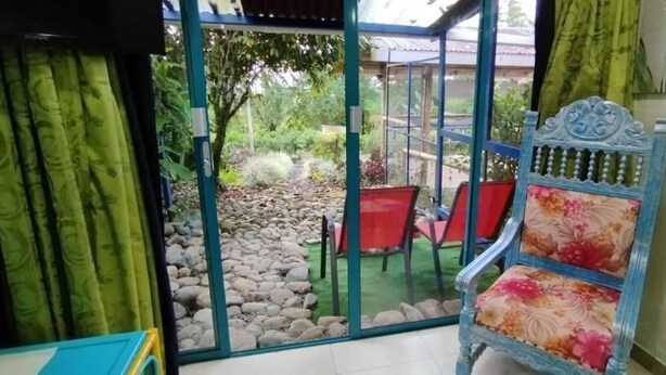 Un invernadero con puerta de cristal que da a un jardín con sillas rojas y una silla azul con tapicería floral.