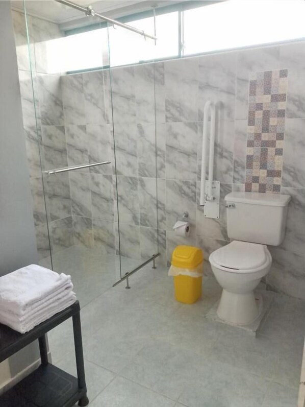 Un baño con cabina de ducha de vidrio, inodoro y un cubo de basura pequeño.