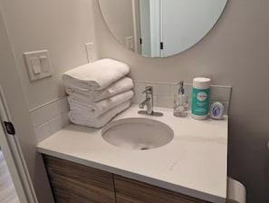Hair dryer, towels, soap, toilet paper