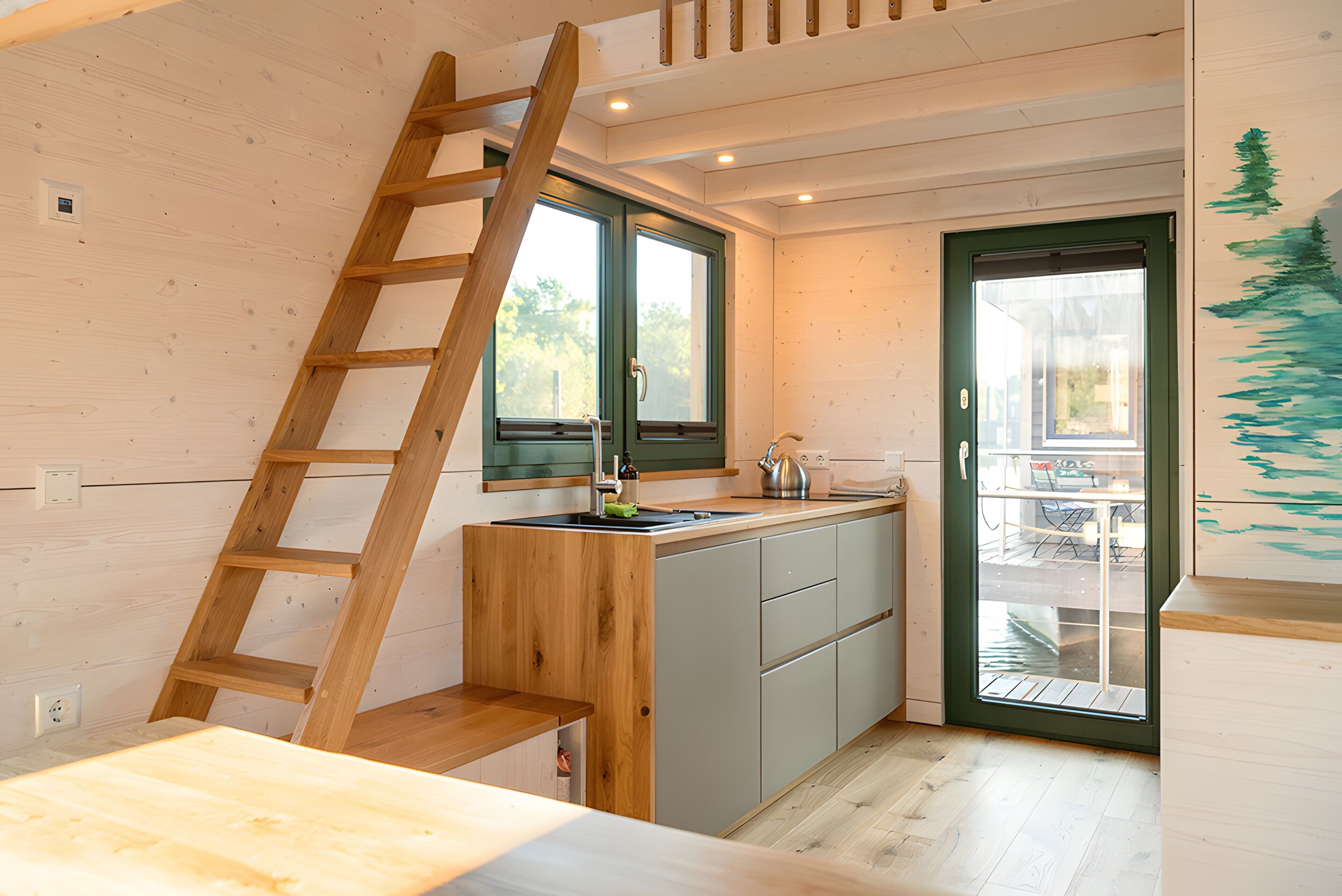 Kühlschrank, Herdplatte, Wasserkocher mit Kaffee-/Teezubehör