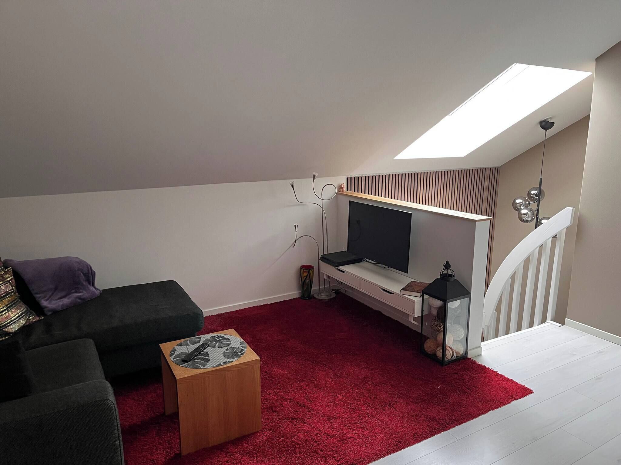 A compact living space with a sofa, a small wooden side table, a red carpet, a TV on a white stand, and a skylight.