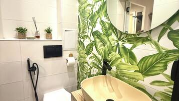 Secador de cabelo, toalhas de banho, sabonete, papel higiênico