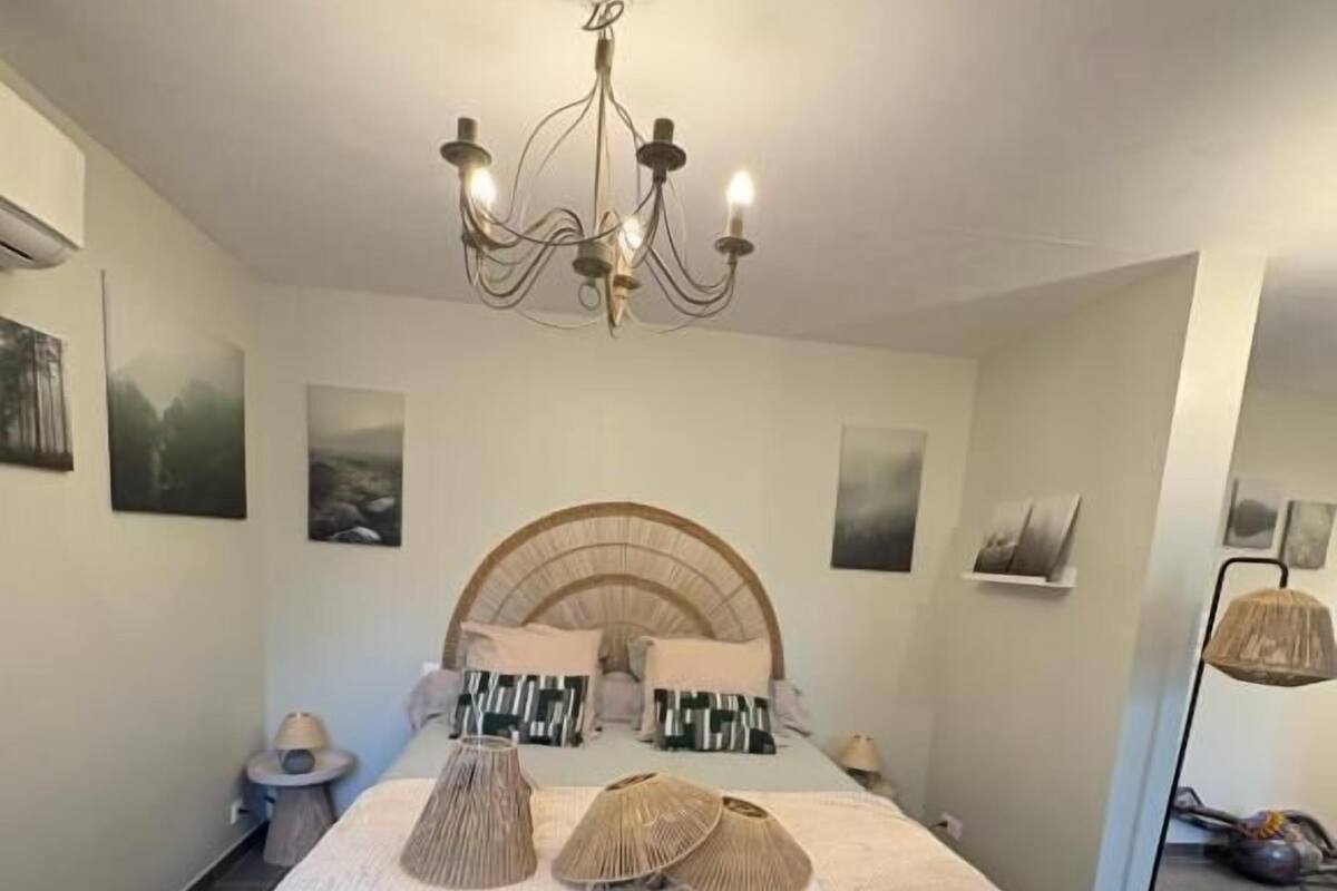 Une chambre à coucher avec un grand lit, un lustre et des œuvres d’art accrochées aux murs.